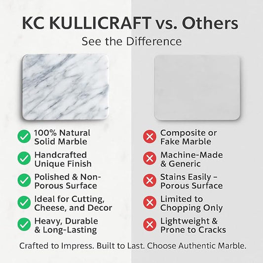 KC KULLICRAFT 8×12 White Marble Cheese & Charcuterie Serving Board – Natural Marble Cutting Board & Pastry Slab with Non‑Slip Feet – Premium Stone Kitchen Tray Gift.