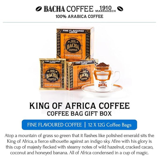 Bacha Coffee | King of Africa Fine Flavoured, Medium Roast, 100% Arabica Specialty Coffee, 12 Coffee Drip Bags, Gift Box