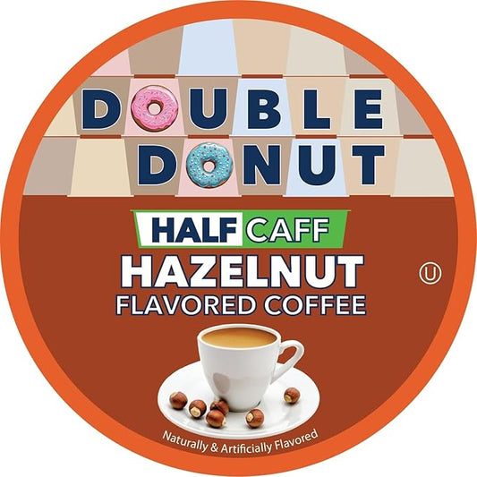 Double Donut Coffee Hazelnut Half Caff Coffee Pods, Single Serve Flavored Half Caffeine Coffee Pods For Keurig K Cup Brewers, Medium Roast, 20 Count