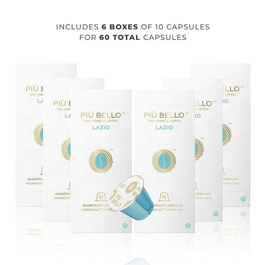 Piu Bello Lazio Espresso Coffee Pods – for Nespresso Original Machines – Compatible Capsules Pack – Rich & Balanced Taste – Strong Italian Espresso Flavor – Kosher Certified (60 Count, Single Flavor)