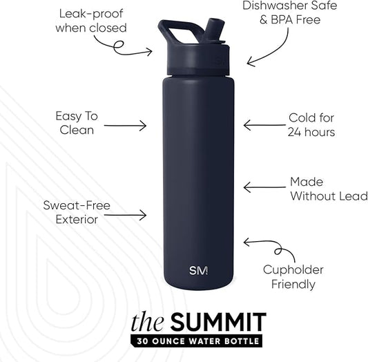 Simple Modern Water Bottle with Straw Lid | Vacuum Insulated Stainless Steel Metal Thermos | Reusable Leak Proof BPA-Free Flask for Sports Gym | Summit Collection | 30oz, Deep Ocean