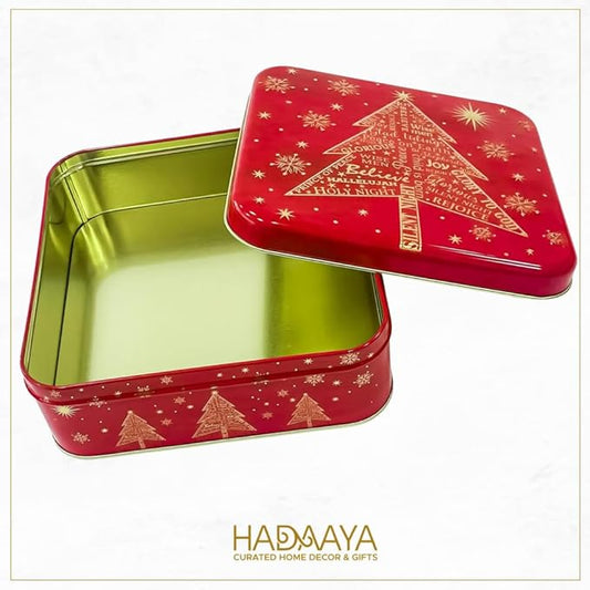 Metal Square Festive Christmas Cookie Tin with Lid | Festive Holiday Storage for Candy Snacks Holiday Christmas Party Decor Favor Gift Box RED GOLD JOY SNOWFLAKE