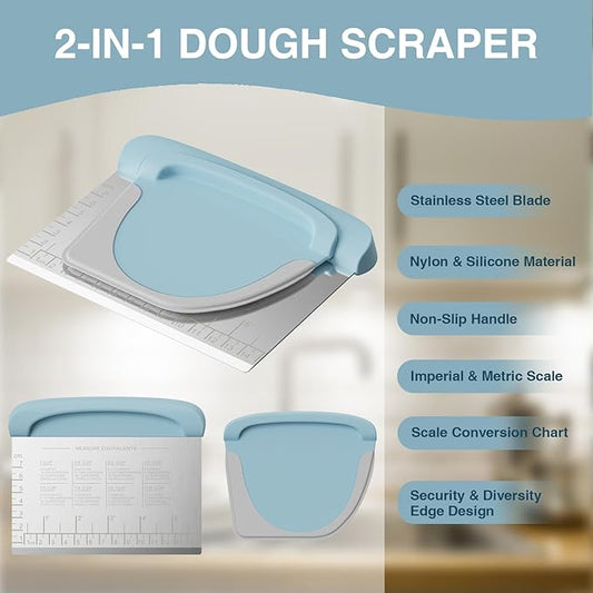 Bench Scraper Dough Cutter Tool - Bowl Pastry Scraper for Bread Cake Pizza, Bench Knife Kitchen Dough Scraper for Baking, Stainless Steel Food Scraper with Grip Handles & Measuring Scal, Blue