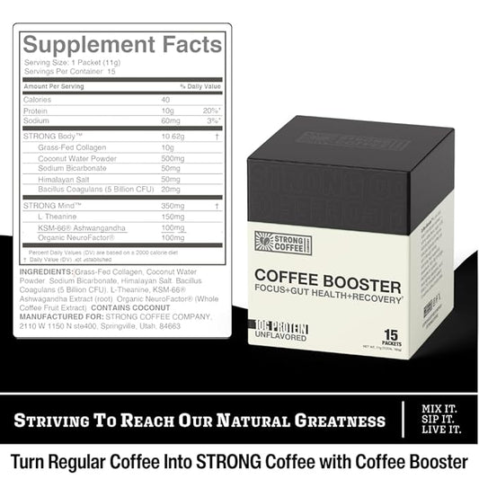 STRONG COFFEE COMPANY Coffee Booster – Collagen Coffee Protein Powder with NeuroFactor®, L-Theanine & Gut Health – 10g Protein, Electrolytes – Focus & Energy – 15 Packets