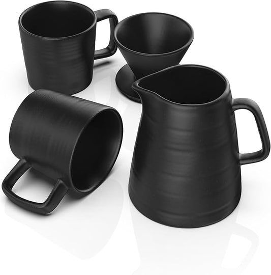 Pour Over Drip Coffee Maker Gift Set with Two Coffee Mugs, Non-Electric Pour Over Coffee Dripper, Easy Manual Brew Maker, Dishwasher and Microwave Safe, Filters not included (Black)