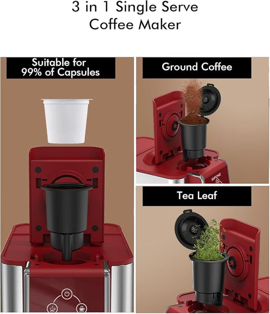 3-in-1 Capsule Coffee Machine - Single Serve Brewer for Coffee Pods, Ground Coffee, & Loose Tea, 6-10oz Brew Sizes, 50oz Removable Tank, 1150W (Red)