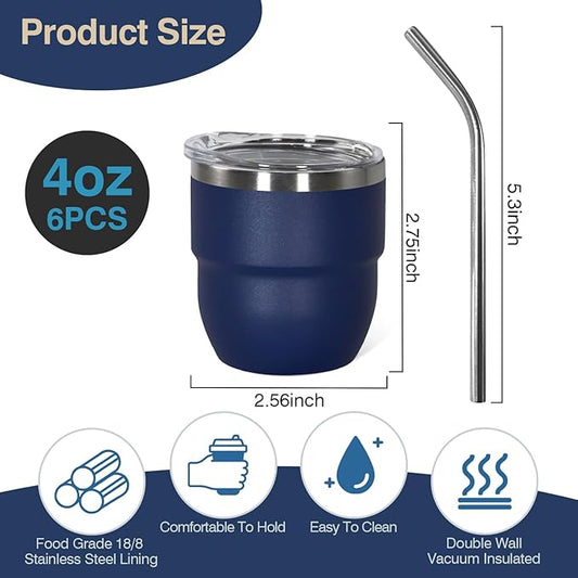 4oz Stackable Cup, Vacuum Insulated Espresso Cup Set of 6, Espresso Shot Cup for Coffee, Double Wall Stainless Steel Mini Tumbler Shot Glasses with Straw and Lid (A-navy6P, 4oz)