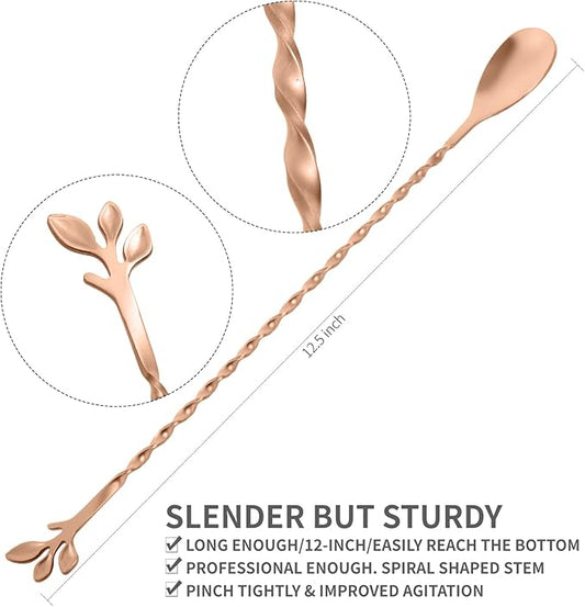 AnSaw Rose Gold 12-Inch Stainless Steel Cocktail Spoon with Leaf Handle - Perfect for Mixing & Layering Drinks in Tall Cups, Bar & Shakers - Durable Long Handle Bar Stirrer,1-Pieces