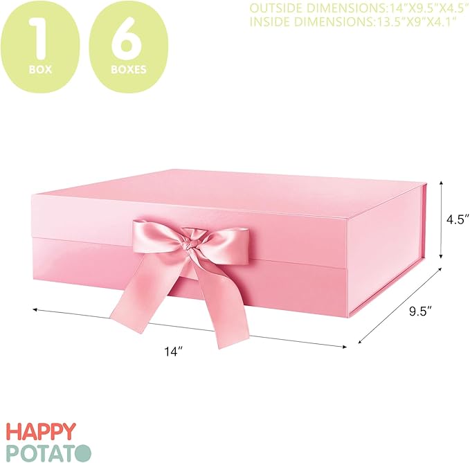 HAPPY POTATO Large Gift Box with Lid 13.5x9x4.1 Inches, Pink Gift Boxes with Ribbon, Bridesmaid Proposal, Magnetic Gift Box for presents (Glossy Pink)