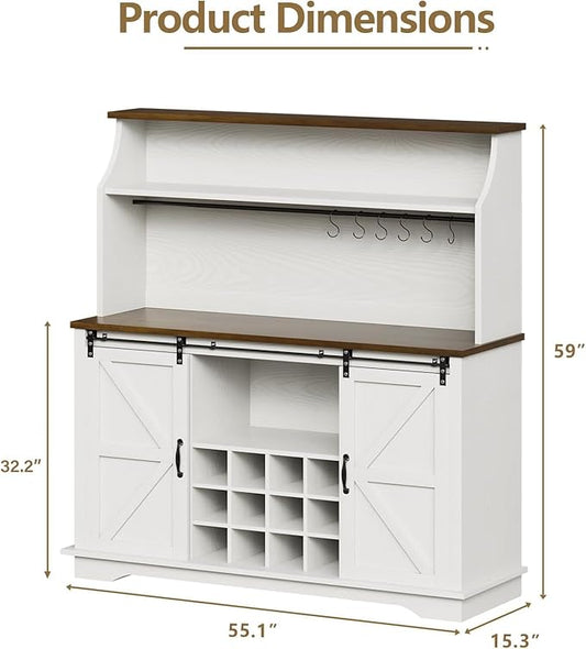 55 Inch Farmhouse Coffee Bar Cabinet with 3-Tier Storage, Kitchen Hutch with 12 Wine Racks & 3 Glass Holders, Coffee Bar with 6 Hooks, Wine Bar Cabinet for Dining Living Room, White