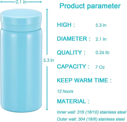 Mini Thermos Cute Water Bottle - 7 oz Tiny Insulated Vacuum 18/10 Stainless Steel Small Flask - Leak Proof & Spill Proof & Keeps Cold and Hot for Drink, Coffee, Tea - Light Blue