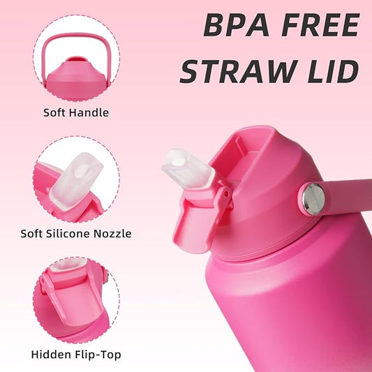 BJPKPK Water Bottle with Straw Lid, 32oz Vacuum Insulated Water Bottles, Metal Stainless Steel Thermos for Sports, Travel, BPA Free Leak Proof Thermos, Cups, Flasks, Tumblers,Cherry