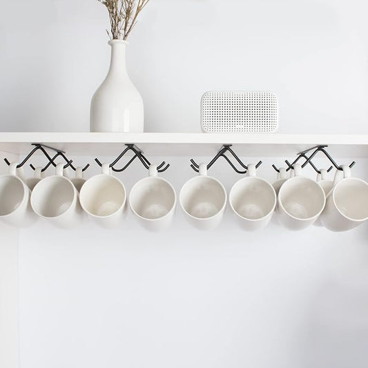 Cabinet Hook Mug Holder - Hanging Coffee Cup Rack for Kitchen, Under Cabinets Metal Hangers Organizer Shelf Storage Utensil (Black)