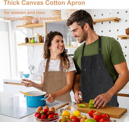 Chef Cooking Aprons for Men Women Thickened Canvas Cotton Apron with 4 Pockets for BBQ Work Kitchen(Brown)