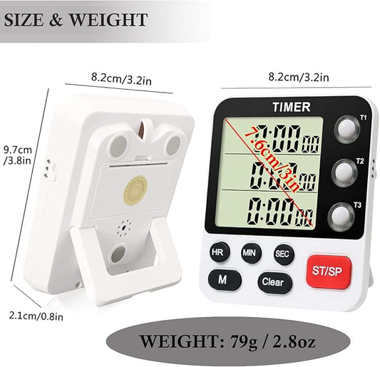 Digital 3 Channels Kitchen Cooking Multiple Timer with Large LCD Count Up Down Stopwatch ON Off Switch Timer for Teaching Reading 3-Level Adjustable Volume with Magnetic Back (Style C)