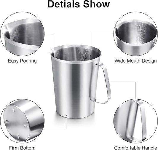 Flutesan 3 Pcs Stainless Steel Measuring Cups Measuring Pitcher with Handle with Markings for Latte Art, Water Pouring 2/4/8 Cup (16/32/64 oz)