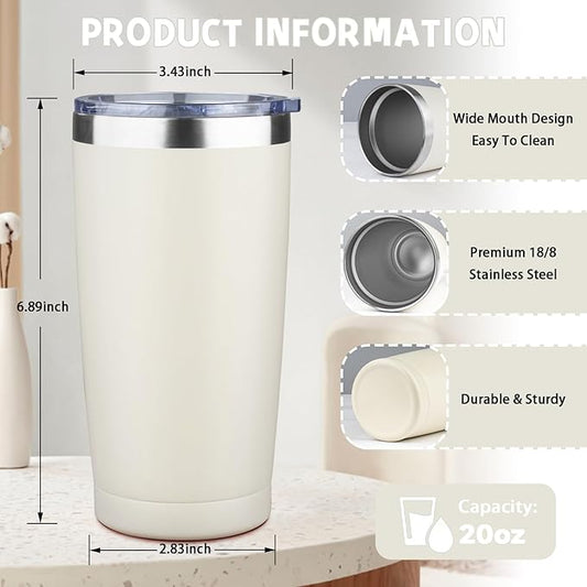 20 oz Tumbler with Lids and Straws, Stainless Steel Insulated Coffee Tumbler, Double Wall Vacuum Insulated Travel Mug Cup, Leakproof Thermal Coffee Cup for Hot and Cold Drinks (cream)
