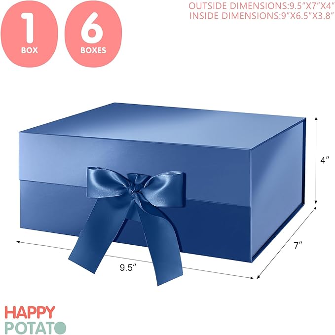 HAPPY POTATO Gift Box with Lid and Ribbon 9x6.5x3.8 Inches, Groomsman Proposal Box, Magnetic Blue Gift Box for Presents (Glossy Blue)