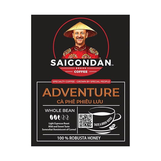 Robusta Whole Bean Coffee - Saigondan Adventure | Light Espresso Roast | 100% Robusta | Vietnamese Coffee | Roasted in Small Batch | Smooth & Naturally Sweet | Direct Trade | No Preservatives | 12 Oz
