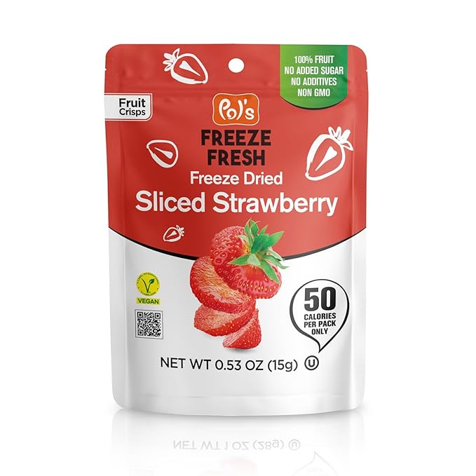 Pol’s Freeze Fresh - 12 Pack Sliced Freeze-Dried Strawberries (0.53 Oz Each), No Sugar, Non-GMO, Kosher, Vegan, Gluten-Free, Single-Serve Packs