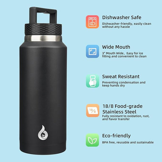 BJPKPK Insulated Water Bottles, Dishwasher Safe 36 oz Water Bottle with Handle, Leakproof BPA Free Water Jug, Stainless Steel Thermos for Sports, Black