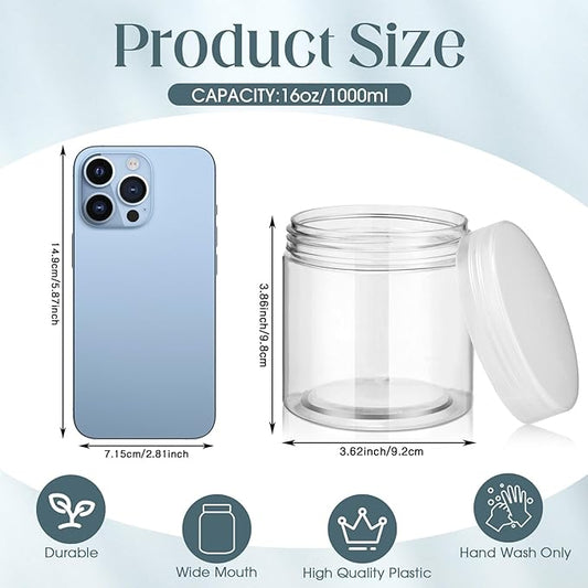 Patelai 4 Pieces Round Wide-mouth Leak Proof Plastic Container Jars with Lids for Travel Storage Makeup Beauty Products Face Creams Oils Salves Ointments DIY Making(16 Ounce,Clear)