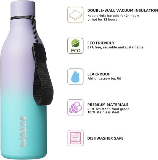 BJPKPK Insulated Water Bottles, 25 oz Stainless Steel Metal Water Bottle with Strap, BPA Free Leak Proof Thermos, Mugs, Flasks, Reusable Thermos for Sports & Travel, Lavender Mint