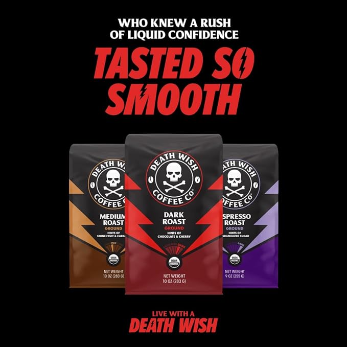 Death Wish Coffee, Organic and Fair Trade Medium Roast Ground Coffee, 16 Ounce (Pack of 1)