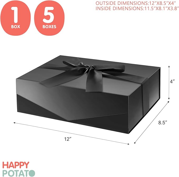 HAPPY POTATO Large Black Gift Box with Ribbon and Lid, 11.5x8.1x3.8 Inches, Groomsman Proposal Boxes, Magnetic Gift Box for Presents (Glossy Black)