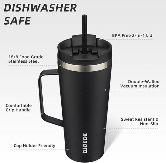 BJPKPK Insulated Tumbler with Handle, 22oz Insulated Tumblers with Lid and Straw, Stainless Steel Metal Water Bottles, Coffee Travel Mugs, Cups, Black