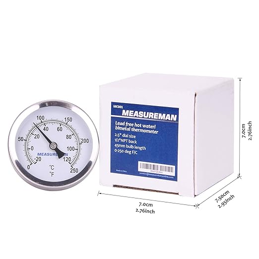 MEASUREMAN Hot Water Bi-Metal Thermometer, 2-1/2" Dial, 1-3/4" Lead-Free Brass Stem, Range 0-250 deg F/-20-120 deg C, 2% Accuracy, Adjustable, 1/2" NPT Back Mount(2 Pack