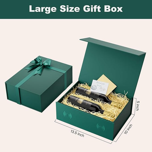 HongCai printing Large Gift Box with Lids Green: 13.5×10×5 Inches Packaging with Magnetic Lid - Holds Christmas Birthdays Holiday Gifts - Ideal for Couples Friends Family