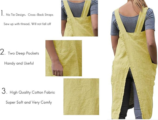Women's Pinafore Square Apron Baking Cooking Gardening Works Cross Back Cotton/Linen Blend Dress with 2 Pockets