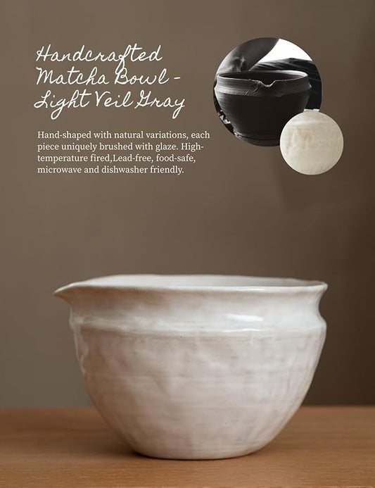 6-pcs Japanese Matcha Whisk Set with Handmade Wabi-Sabi Ceramic Bowl(Chawan),Bamboo Chasen, Whisk Holder, Scoop, Sifter & Tea Towel,Matcha Ceremony Kit,(Light Veil Gray)