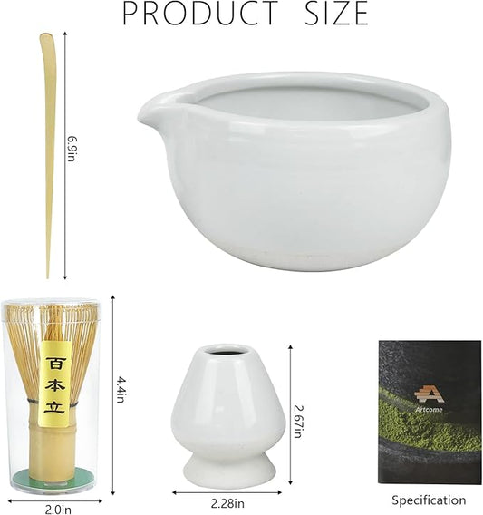 Artcome 4 Pcs Complete Matcha Tea Ceremony Kit - Bowl, Whisk, Whisk Holder, Tea Scoop - For Usucha, Koicha and Matcha Latte (White)