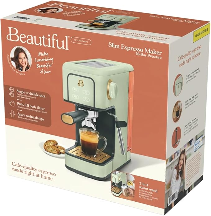 Beautiful Slim Espresso Maker by Drew Barrymore – 20‑Bar Pressure, Dual‑Spout 52 mm Portafilter, 50 oz Removable Tank, 2‑in‑1 Steam Wand & Touch Controls (Sage Green)