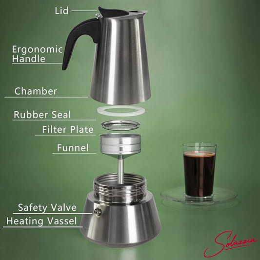 9 Cup Stovetop Espresso Maker Matte Stainless Steel Moka Pot Italian and Cuban Mocha Coffee Maker, Compatible with Gas, Electric, Ceramic, and Induction stovetops(15 fl oz/450 ml)