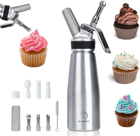 Professional Whipped Cream Dispenser – Aluminum Cream Whipper with 3 Nozzles – Heavy-Duty Dessert Topping Maker for Whipped Cream, Mousses, and Sauces – Ideal for Home or Commercial Use
