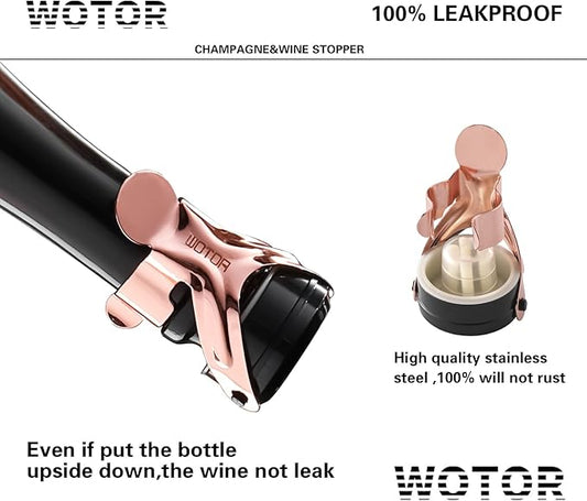 WOTOR Champagne&Wine Bottle Stoppers Stainless Steel with Food Grade Silicone, Leak Proof Keep Fresh Reusable Saver, Cork Suitable for Wine, Champagne, Cava, Prosecco and Sparkling (6 Pack Rosegold)