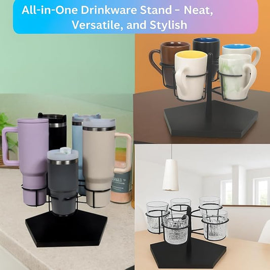 Stanley Cup Holder & Rotating Bottle Organizer – 5-Slot Wood Stand for 20/30/40oz Tumblers, Drinking Glasses, Coffee Mugs, Yeti, Hydro Flask – Countertop & Cabinet Cup Storage Rack