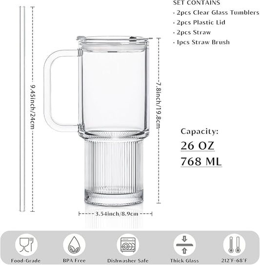 INSETLAN 26oz Glass Tumbler with Handle & Lid – 2-Pack Large Iced Coffee Cups with Straws, Modern Glass Mug for Cold & Hot Beverages, Aesthetic Travel Cup for Smoothies, Tea, and Juice