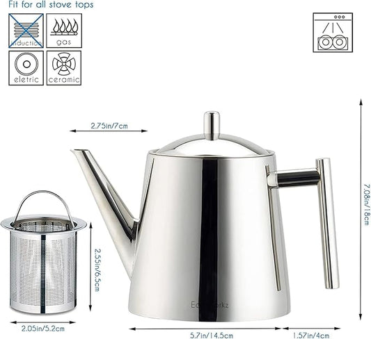 Easyworkz Stainless Steel Teapot With Removeable Infuser 50 oz (1500ml) Stovetop Tea Maker for Fruit Herbal and Infusion