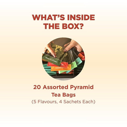 CHAYAM Assorted Tea Bags Variety Pack | 20 Pyramid Tea Bags - 5 Flavours x 4 each | Tea Bag Sampler Assortment | Green Tea, Herbal Tea Gift Box