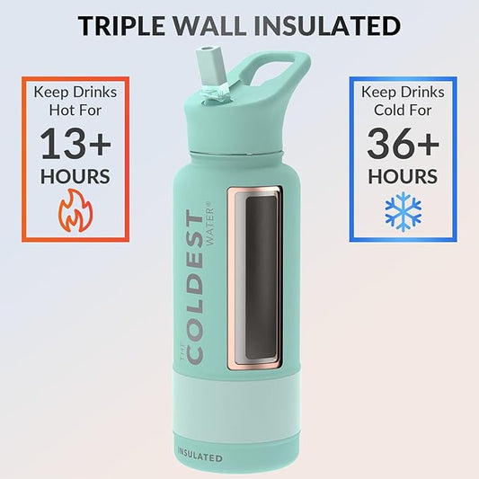 Coldest Insulated Water Bottle with Straw Lid - Stainless Steel Metal Insulated Bottle for Men & Women (Oceanic Green, 32 oz)