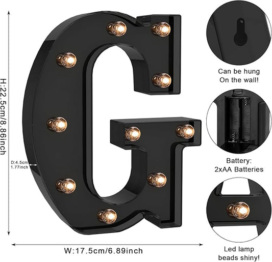 Foaky Black LED Letter Lights for Room Decor - Bedroom Wall Decor, Alphabet Lights for Home, Wedding, Party - Battery Operated (G)