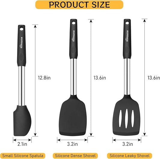 NileHome Pack of 3 Spatulas Silicone Heat Resistant, Cooking Utensils Set, Silicone Spatula BPA Free Cooking Utensils, Ideal Cookware for Fish, Eggs, Pancakes (Black)