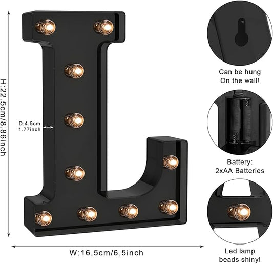 Foaky Black LED Letter Lights for Room Decor - Bedroom Wall Decor, Alphabet Lights for Home, Wedding, Party - Battery Operated (L)