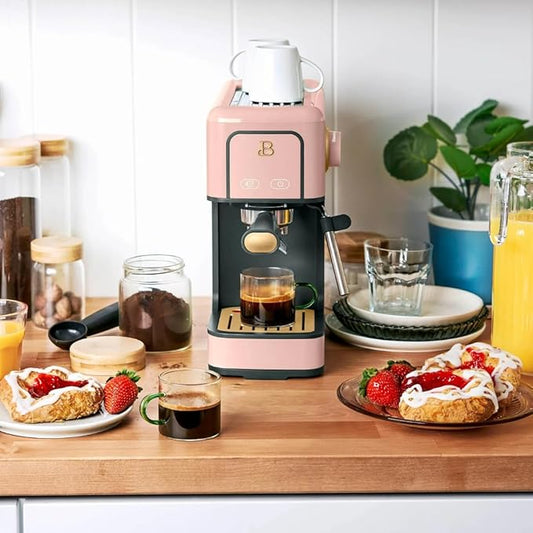 Beautiful Slim Espresso Maker by Drew Barrymore – 20‑Bar Pressure, Dual‑Spout 52 mm Portafilter, 50 oz Removable Tank, 2‑in‑1 Steam Wand & Touch Controls (Rose)