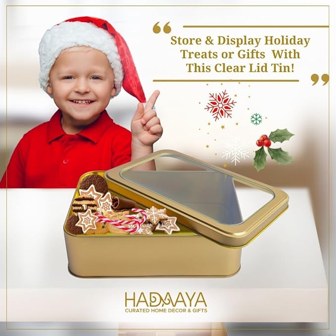 Pack of 6 Gold Rectangular Tin Container With Clear Lid, Multipurpose Tin Box, Festive Tin Box for Gift Giving, Cookies, Stationery & More - 7.25 x 5.25 x 2.25 Inches