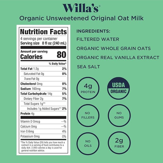 Willa's Organic Oat Milk - Unsweetened Original Oatmilk, Non-GMO, Shelf Stable, Low Sugar, Non-Dairy Vegan Milk, Made from Whole Oats, No Oil, No Gums, 32oz, Pack of 6